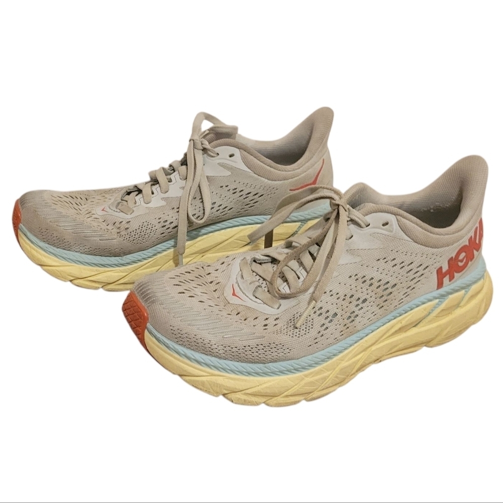 Hoka‎ One One Women's Clifton 7 Lace Up Running Shoes Sneakers Size 7.5 Red Gray